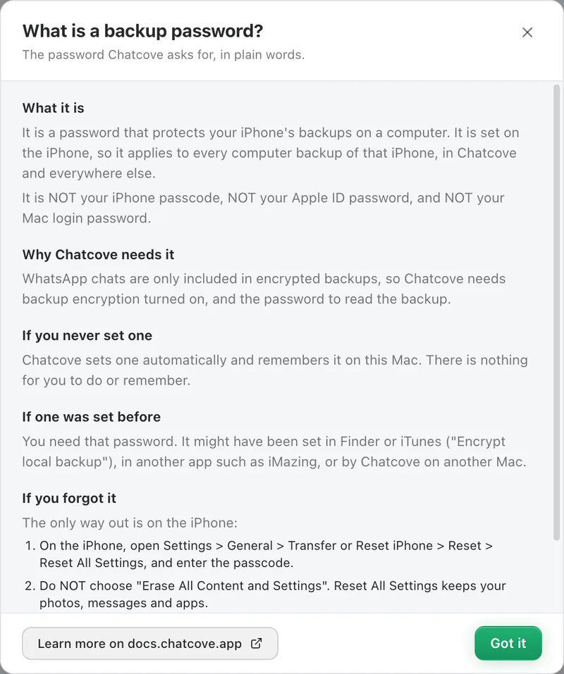 Chatcove's "What is a backup password?" sheet, with sections: What it is, Why Chatcove needs it, If you never set one, If one was set before, If you forgot it.